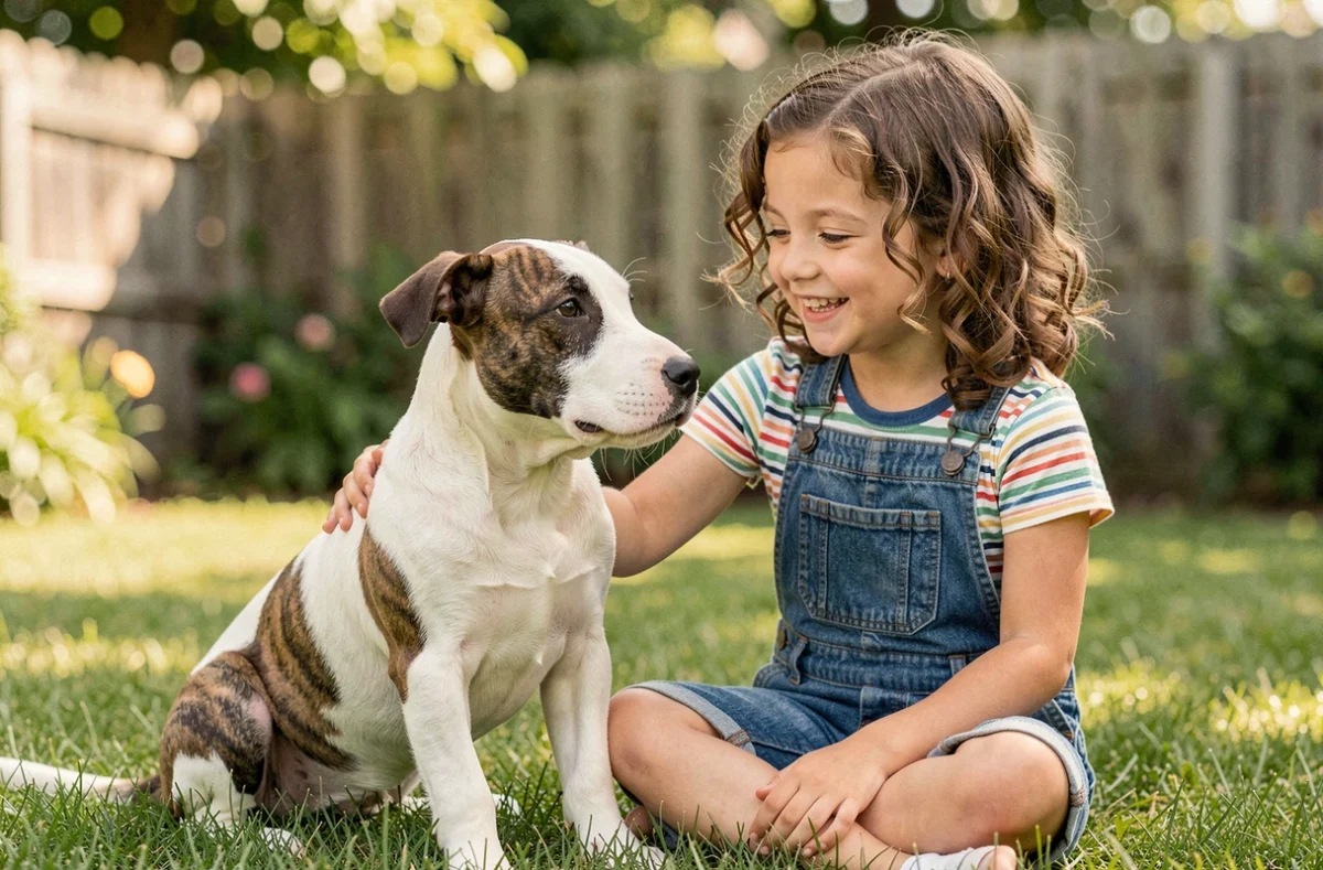 Chiot bull terrier blanc et bringé assis calmement aux côtés d'une fillette souriante dans un jardin verdoyant