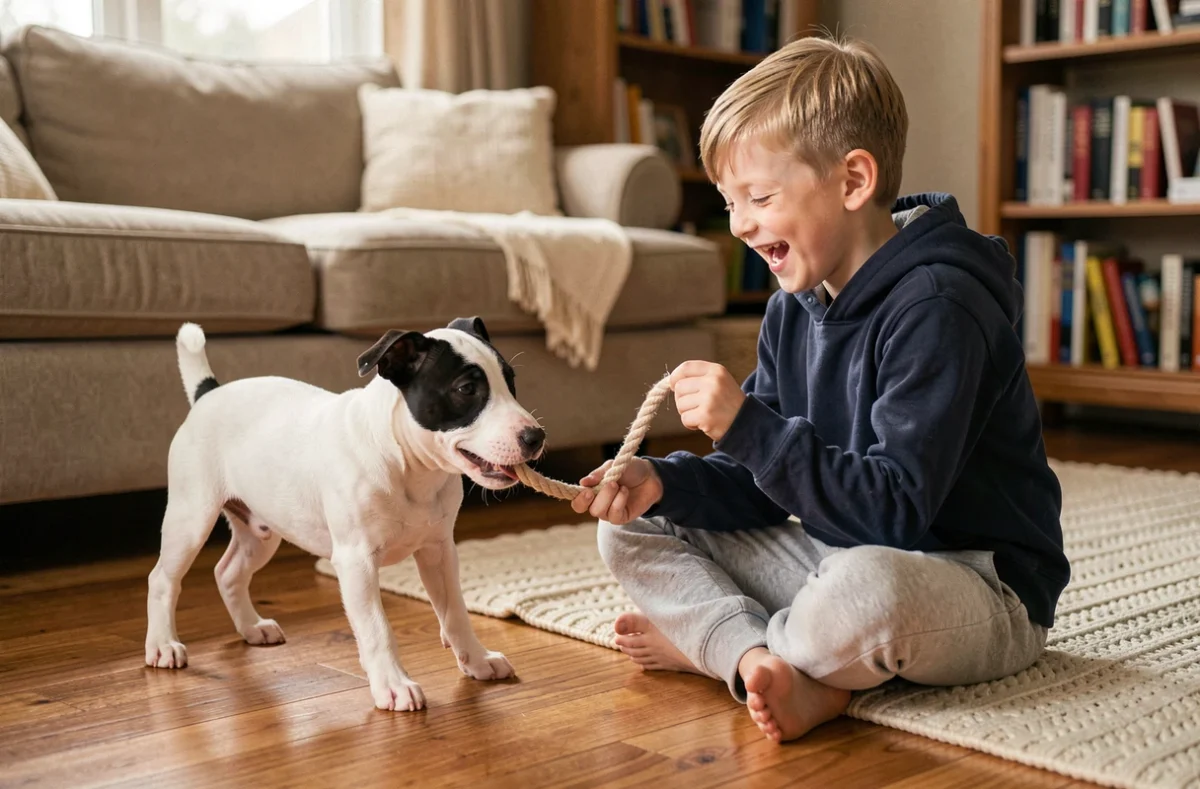 Chiot bull terrier jouant avec un garçon blond dans un salon familial chaleureux avec un jouet en corde