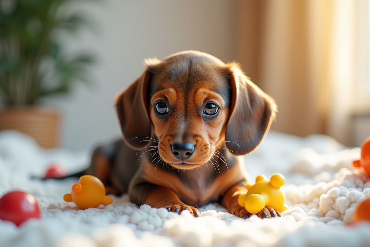 Petit chiot dachshund sur une couverture blanche lumineuse