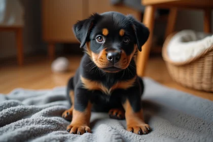 Chiot rottweiler assis sur une couverture grise dans un salon aménagé pour son arrivée à la maison
