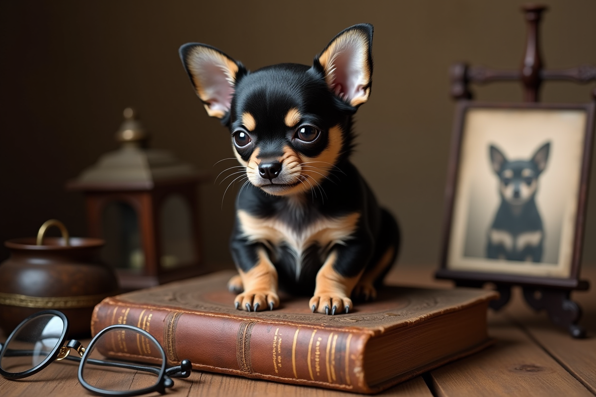 Chiot chihuahua vintage posé sur un livre ancien