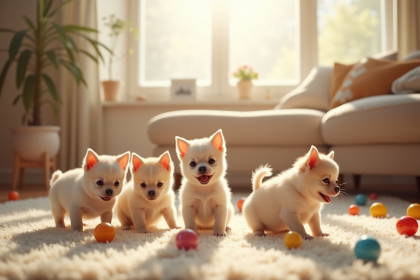 Jeune portée de chiots chihuahua dans un salon lumineux