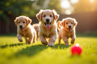 Jeunes chiots golden retriever jouant avec un ballon rouge en plein air