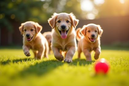 Jeunes chiots golden retriever jouant avec un ballon rouge en plein air
