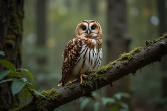 Chouette hulotte perchée sur une branche en forêt européenne, sans aigrettes, yeux sombres et arrondis bien visibles