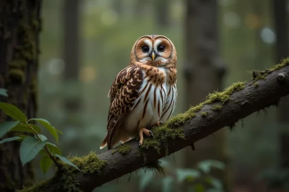 Chouette hulotte perchée sur une branche en forêt européenne, sans aigrettes, yeux sombres et arrondis bien visibles