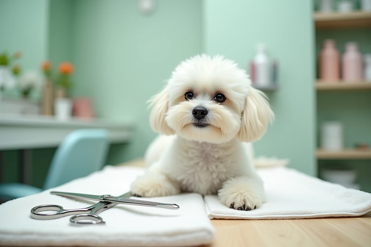 Ciseaux de toilettage professionnels posés sur une serviette blanche à côté d'un Bichon Maltais parfaitement coiffé sur une table de salon