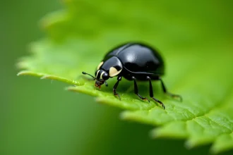 Coccinelle noire en gros plan sur une feuille verte symbolisant la chance et la signification spirituelle dans la vie quotidienne