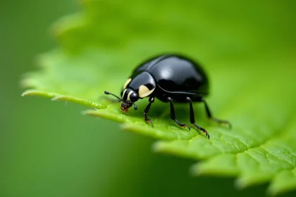 Coccinelle noire en gros plan sur une feuille verte symbolisant la chance et la signification spirituelle dans la vie quotidienne
