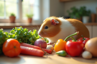 Cochon d'Inde curieux reniflant des légumes frais dans la cuisine