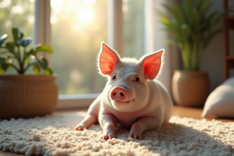 Cochon domestique assis sur un tapis dans un salon lumineux