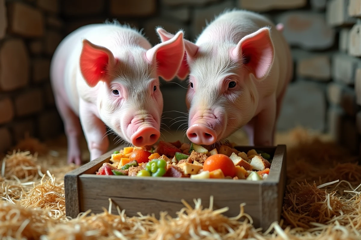 Deux cochons domestiques mangeant des restes de cuisine dans une mangeoire en bois dans un enclos de ferme avec litière de paille