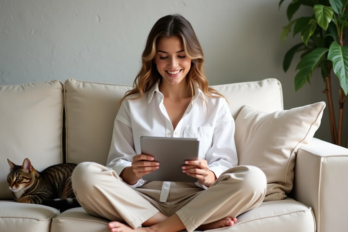 Jeune femme comparant des sites animaliers français sur tablette avec son chat sur le canapé