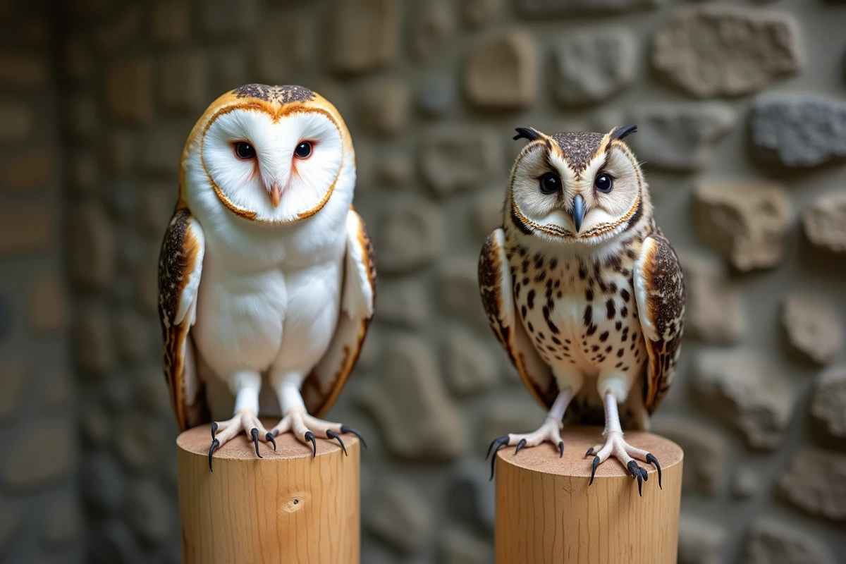 Comparaison entre une chouette effraie au visage en cœur et une chevêche compacte côte à côte dans un centre de protection de la faune