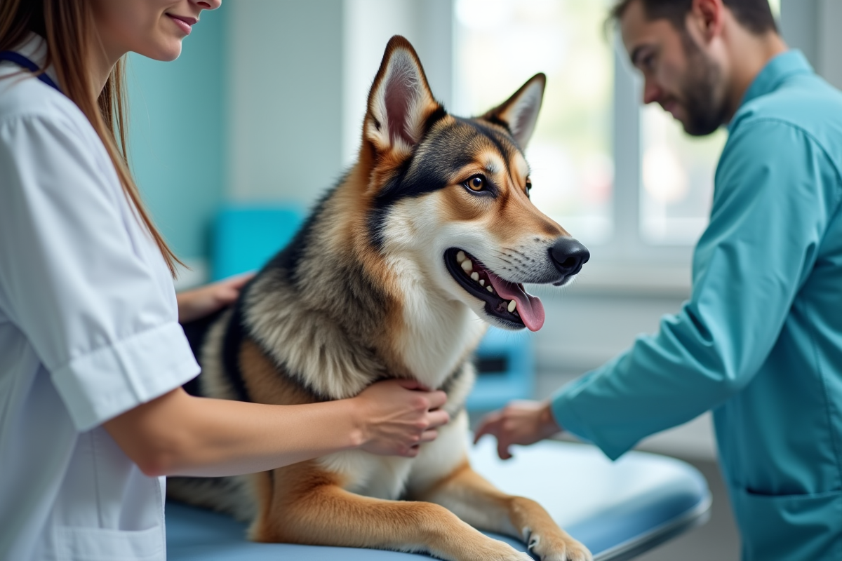 Vétérinaire examinant calme un husky berger allemand en clinique