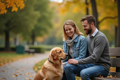 Couple souriant dans un parc avec un golden retriever, idéal pour choisir un chien en couple selon le quiz Animalcenter