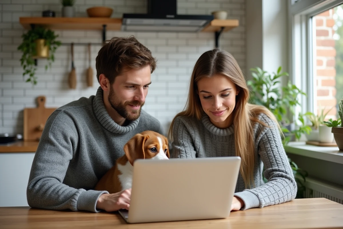 Couple comparant des offres d'assurance animaux sur un ordinateur portable avec leur chiot beagle dans une cuisine moderne