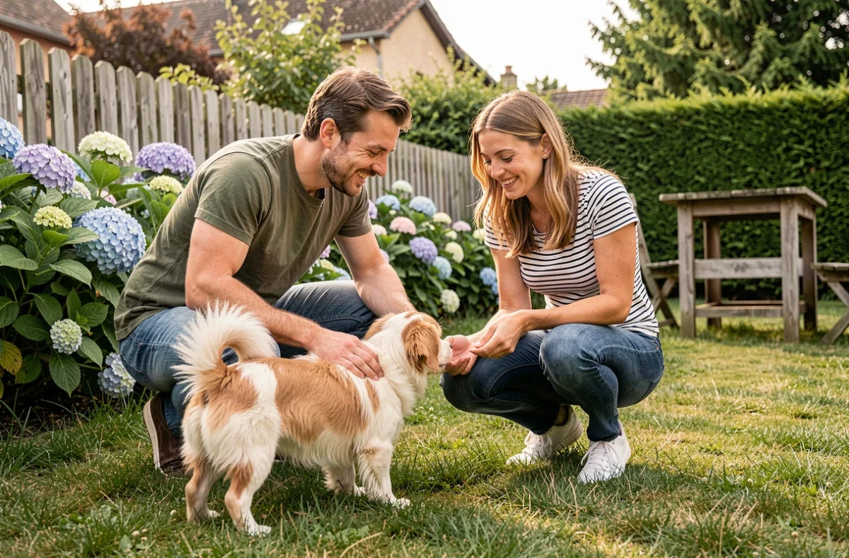 Couple rencontrant un petit chien à adopter gratuitement dans un jardin près de Langon