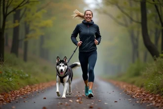 Femme en course avec husky en forêt au matin