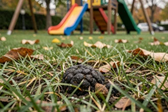 Crottes de renard sur l'herbe à proximité d'une aire de jeux pour enfants dans un parc urbain