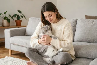 Jeune femme débutante tenant affectueusement un chat Scottish Fold gris aux oreilles repliées sur un canapé en lin gris dans un salon minimaliste