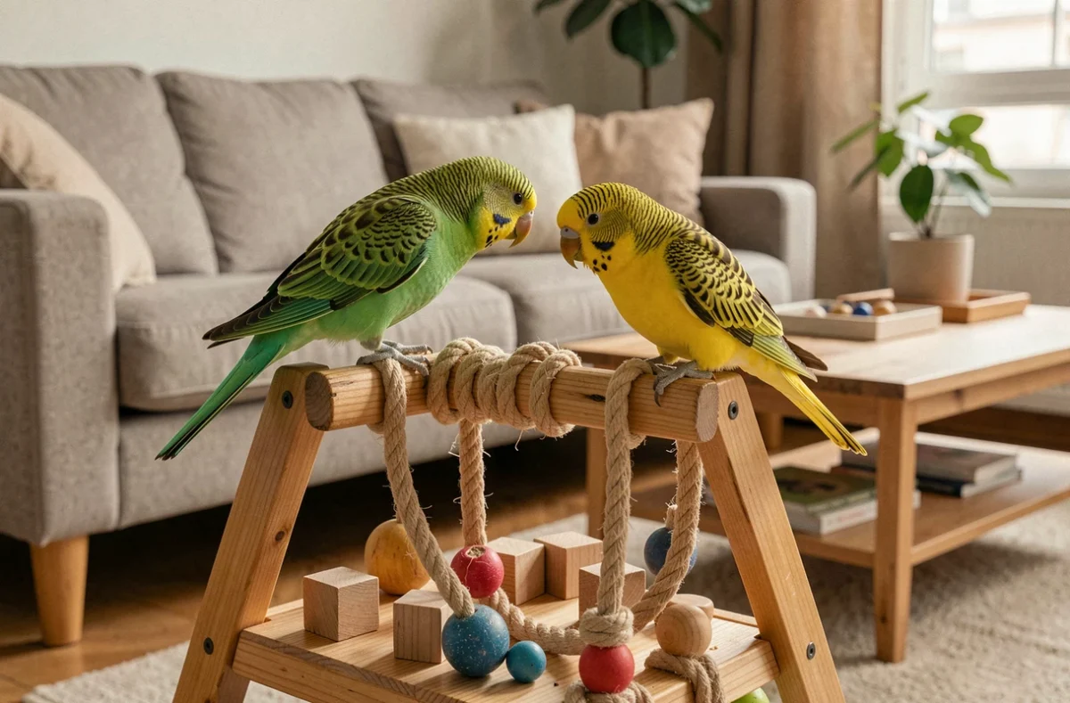 Deux kakarikis de couleurs différentes jouant sur un arbre à perroquet dans un appartement, montrant l'importance de la stimulation mentale pour ces oiseaux