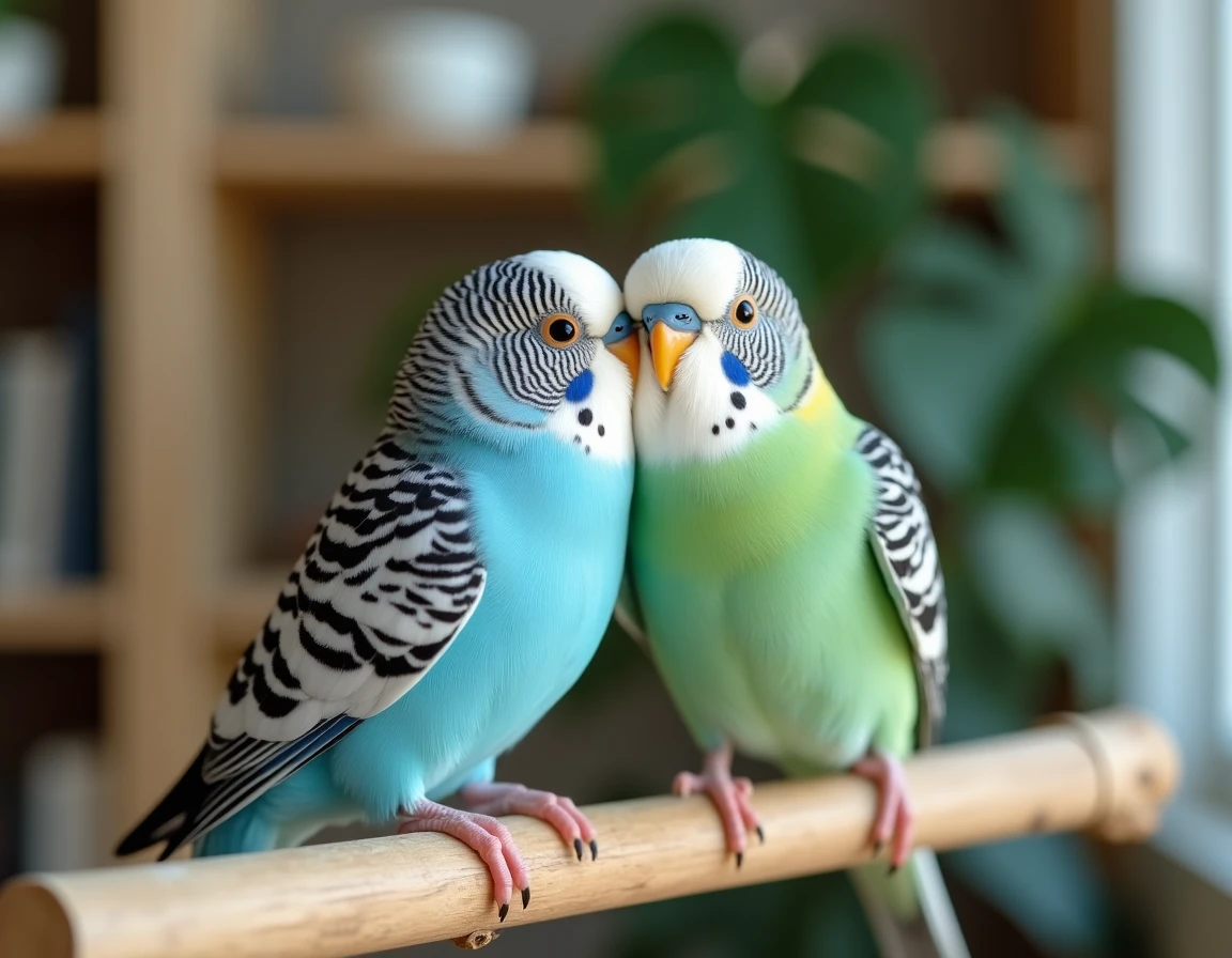 Deux perruches bleue et verte se faisant la toilette sur une branche en bois dans un salon moderne, parfait pour illustrer les prénoms doux pour oiseaux de compagnie