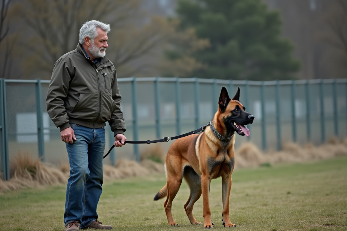 Dresseur de chien belge malinois en extérieur