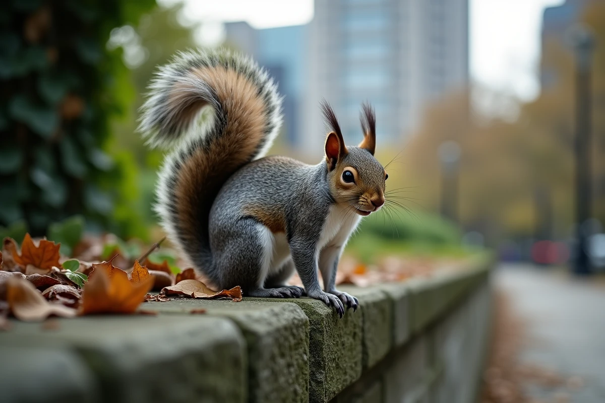 Écureuil gris observant l'objectif depuis un mur de pierre dans un parc urbain entouré de feuilles mortes et de lierre