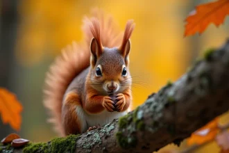 Écureuil roux sauvage perché sur une branche couverte de mousse en forêt automnale, tenant un gland entre ses pattes