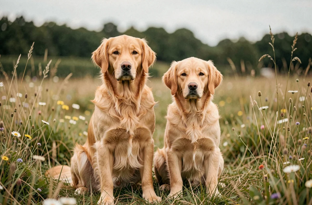 Deux Golden Retrievers dans la prairie de l'élevage Des Trois G à Merlevenez dans le Morbihan