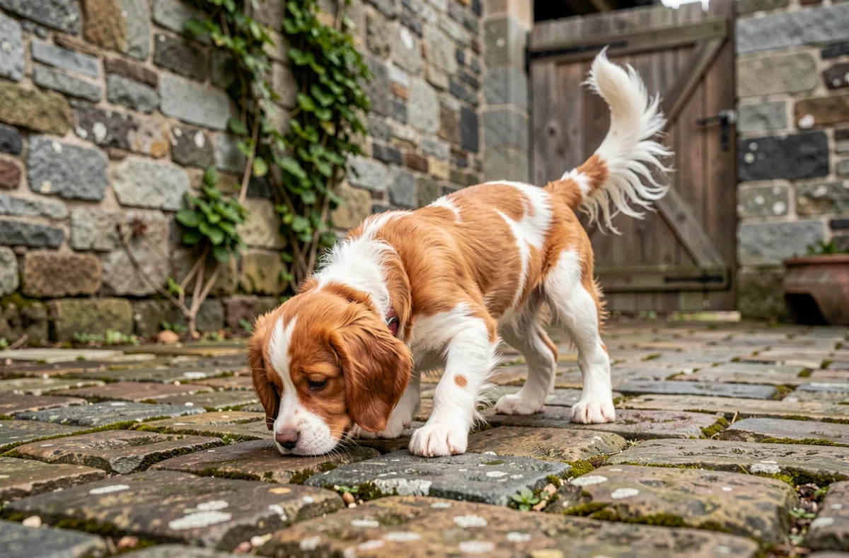 Chiot Épagneul Breton explorant la cour pavée de l'élevage de Gouël Roch à Plessala en Côtes-d'Armor