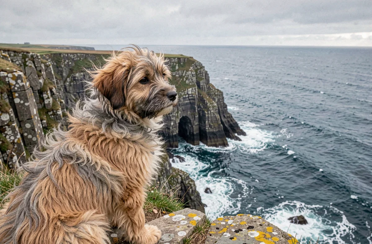 Chiot de berger au pelage broussailleux face à la Mer d'Iroise sur les falaises près de Baye en Finistère