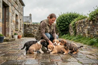 Éleveuse bretonne entourée de chiots dans une ferme en pierre typique de Bretagne