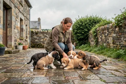 Éleveuse bretonne entourée de chiots dans une ferme en pierre typique de Bretagne