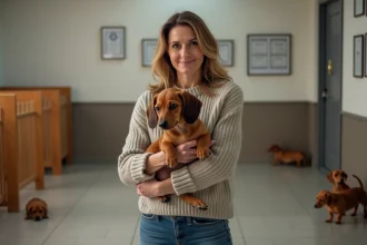 Eleveuse de dachshunds tenant un chiot dans un chenil moderne