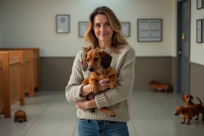 Eleveuse de dachshunds tenant un chiot dans un chenil moderne