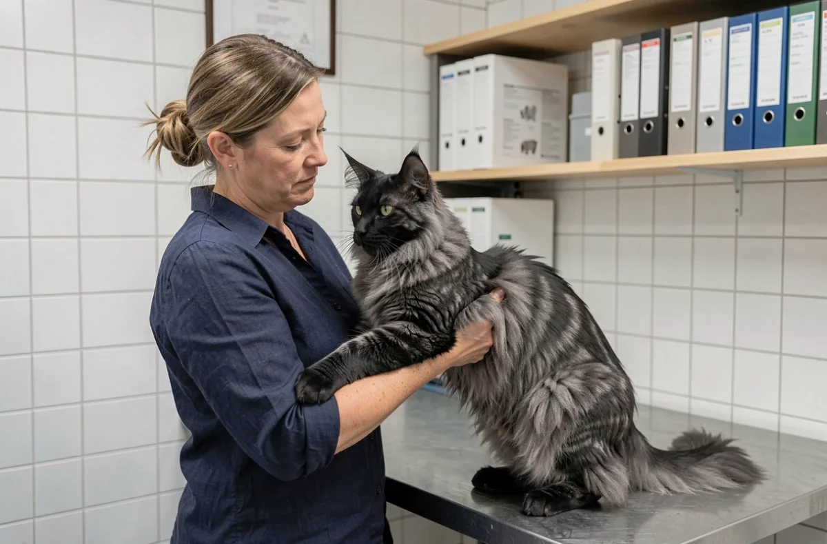 Éleveuse tenant un Maine Coon black smoke lors d'un bilan de santé en chatterie, image documentaire pour guide d'achat responsable Maine Coon 2026