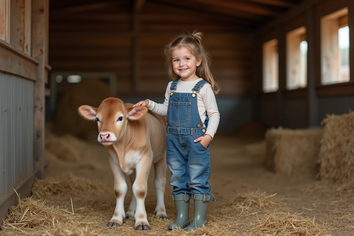 Jeune fille caressant une vache miniature dans une grange rustique avec des bottes en caoutchouc
