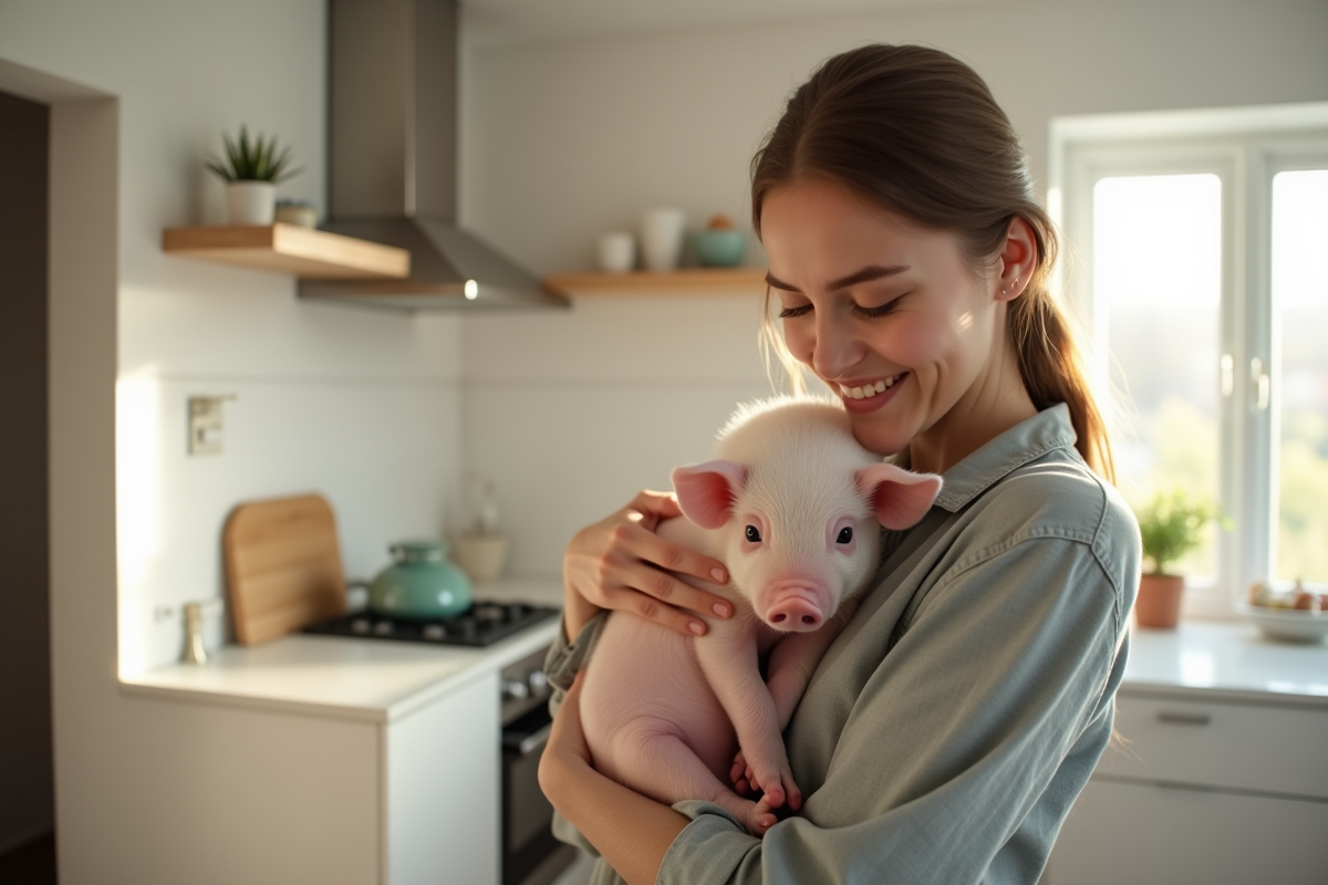 Personne tenant un petit cochon dans une cuisine lumineuse