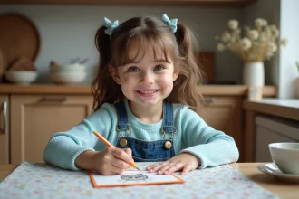 Fille souriante dessinant un loup sur une carte d anniversaire