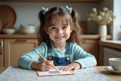 Fille souriante dessinant un loup sur une carte d anniversaire