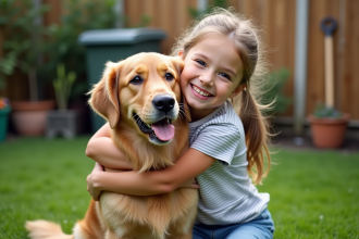 Jeune fille heureuse avec un chien golden retriever dans un jardin