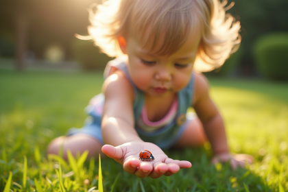 Jeune enfant en été observant une coccinelle sur la main