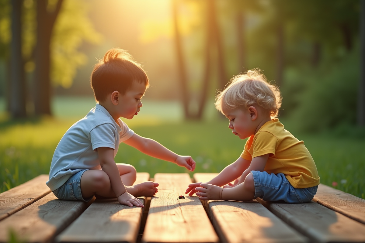 Deux enfants pointant une coccinelle sur la table en bois