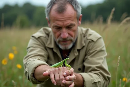 Entomologiste observant une mante religieuse verte dans un pré