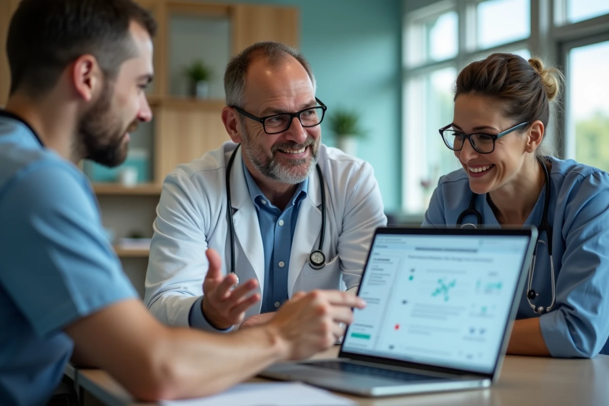 Équipe de vétérinaires discutant autour d