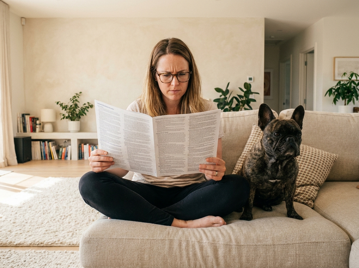 Femme lisant attentivement les exclusions de race d'un contrat d'assurance avec son bouledogue français à ses côtés