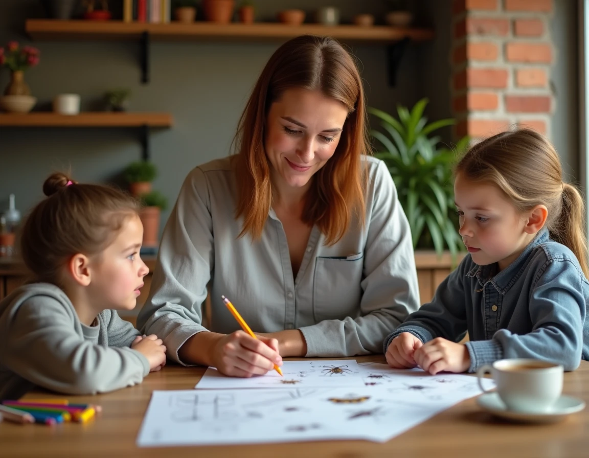 Adulte aidant des enfants à compléter un exercice d'identification des insectes à la maison