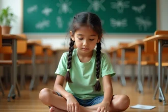 Jeune fille apprenant les noms des insectes avec des cartes illustrées dans une salle de classe